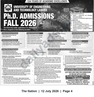 Newspaper clipping: UET Lahore Ph.D. Admissions — Fall 2026 (Apply by 2026-08-13), The Nation, 12 Jul 2026