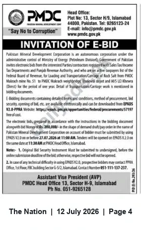 Newspaper clipping: PMDC E-Bids: One-Year Rock Salt Transportation Contract from Mirakach Mine, The Nation, 12 Jul 2026