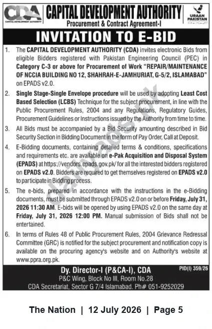 Newspaper clipping: CDA E-Bid: Repair/Maintenance of NCCIA Building No.12, G-5/2 Islamabad, The Nation, 12 Jul 2026