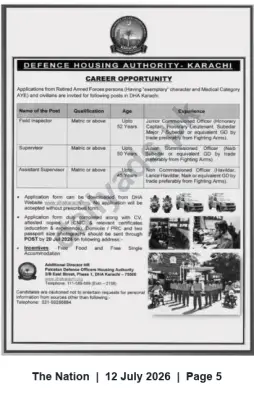 Newspaper clipping: DHA Karachi Careers – Field Inspector, Supervisor & Assistant Supervisor (Matric), The Nation, 12 Jul 2026