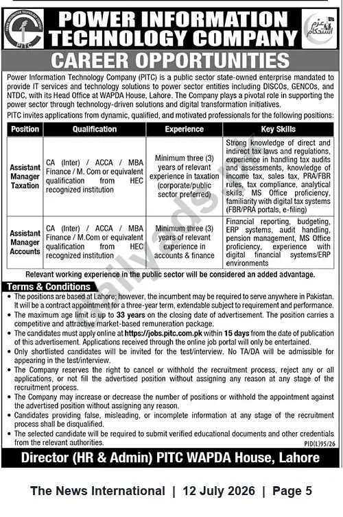 Newspaper clipping: PITC Careers: Assistant Manager — Taxation & Accounts (Lahore), The News International, 12 Jul 2026