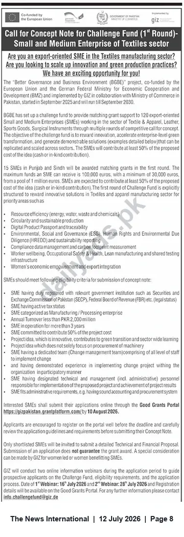 Newspaper clipping: Call for Concept Notes — Challenge Fund for Textile SMEs (BGBe/GIZ), The News International, 12 Jul 2026