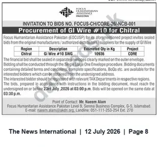 Newspaper clipping: Tender: Supply of GI Wire #10 SWG for Chitral (FOCUS-CH/CORE-26/NCB-001), The News International, 12 Jul 2026