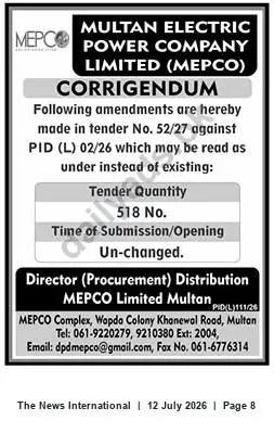 Newspaper clipping: MEPCO Multan Corrigendum — Tender No. 52/27 (PID(L) 02/26) Revised Quantity, The News International, 12 Jul 2026