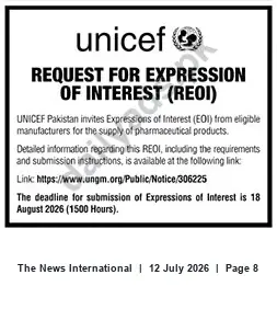 Newspaper clipping: UNICEF Pakistan — Request for Expression of Interest (EOI) for Pharmaceutical Manufacturers, The News International, 12 Jul 2026