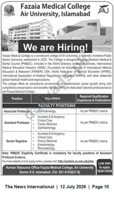 Newspaper clipping: Faculty Positions at Fazaia Medical College (Air University, Islamabad), The News International, 12 Jul 2026
