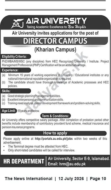 Newspaper clipping: Air University — Director, Kharian Campus (Job Opening), The News International, 12 Jul 2026