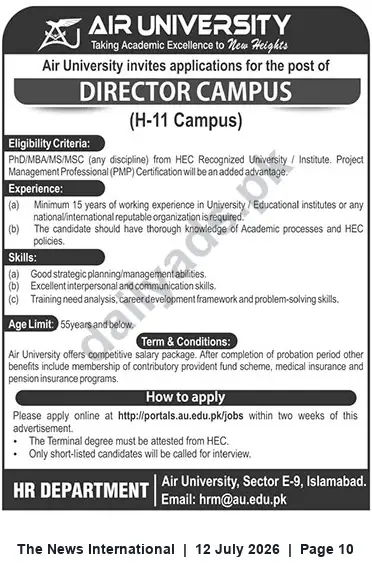 Newspaper clipping: Director Campus (H-11 Campus) – Air University Islamabad, The News International, 12 Jul 2026