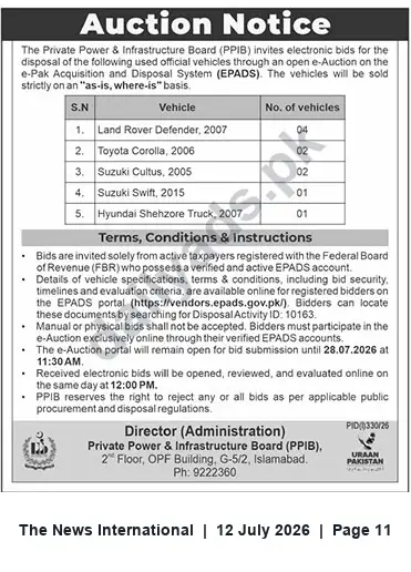 Newspaper clipping: PPIB e-Auction for Disposal of Used Official Vehicles (Islamabad), The News International, 12 Jul 2026