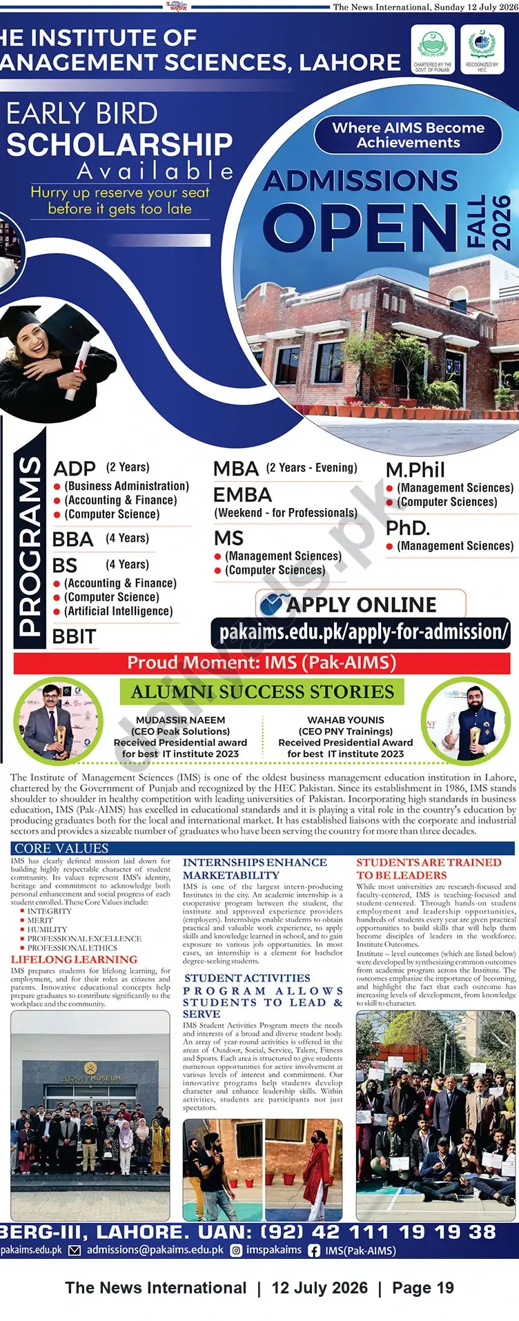 Newspaper clipping: Admissions Open Fall 2026 — Institute of Management Sciences (IMS Pak-AIMS), Lahore, The News International, 12 Jul 2026
