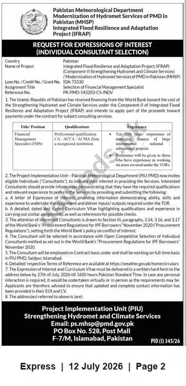 Newspaper clipping: PMD (IFRAP) — Expression of Interest: Financial Management Specialist (Individual Consultant), Express, 12 Jul 2026