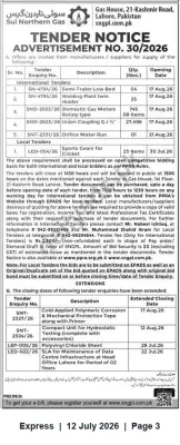 Newspaper clipping: SNGPL Tender Notice No. 30/2026 — Supply Contracts (Lahore), Express, 12 Jul 2026