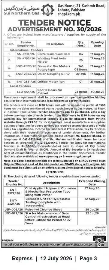 Newspaper clipping: SNGPL Tender Notice No. 30/2026 — Supply Contracts (Lahore), Express, 12 Jul 2026