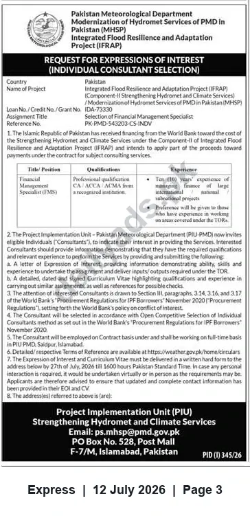 Newspaper clipping: Expression of Interest — Financial Management Specialist for IFRAP (Pakistan Meteorological Department), Express, 12 Jul 2026