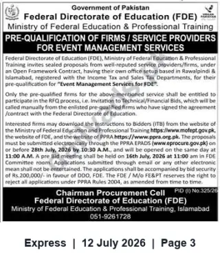 Newspaper clipping: Pre-Qualification: Event Management Firms — Federal Directorate of Education (Islamabad), Express, 12 Jul 2026