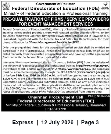 Newspaper clipping: Pre-Qualification: Event Management Firms — Federal Directorate of Education (Islamabad), Express, 12 Jul 2026