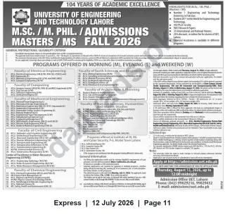 Newspaper clipping: UET Lahore M.Sc. / M.Phil. / Masters (MS) Admissions — Fall 2026, Express, 12 Jul 2026