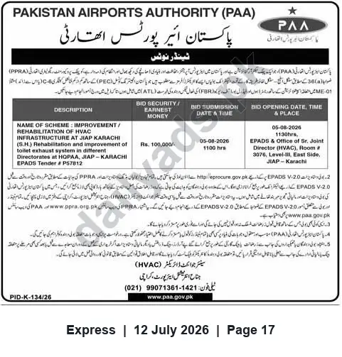 Newspaper clipping: PAA Tender: Improvement/Rehabilitation of HVAC Infrastructure at JIAP Karachi, Express, 12 Jul 2026