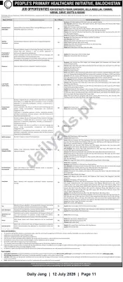 Newspaper clipping: PPHI Balochistan — Multiple Healthcare Job Vacancies in Quetta, Pishin, Noshki & Other Districts, Jang, 12 Jul 2026