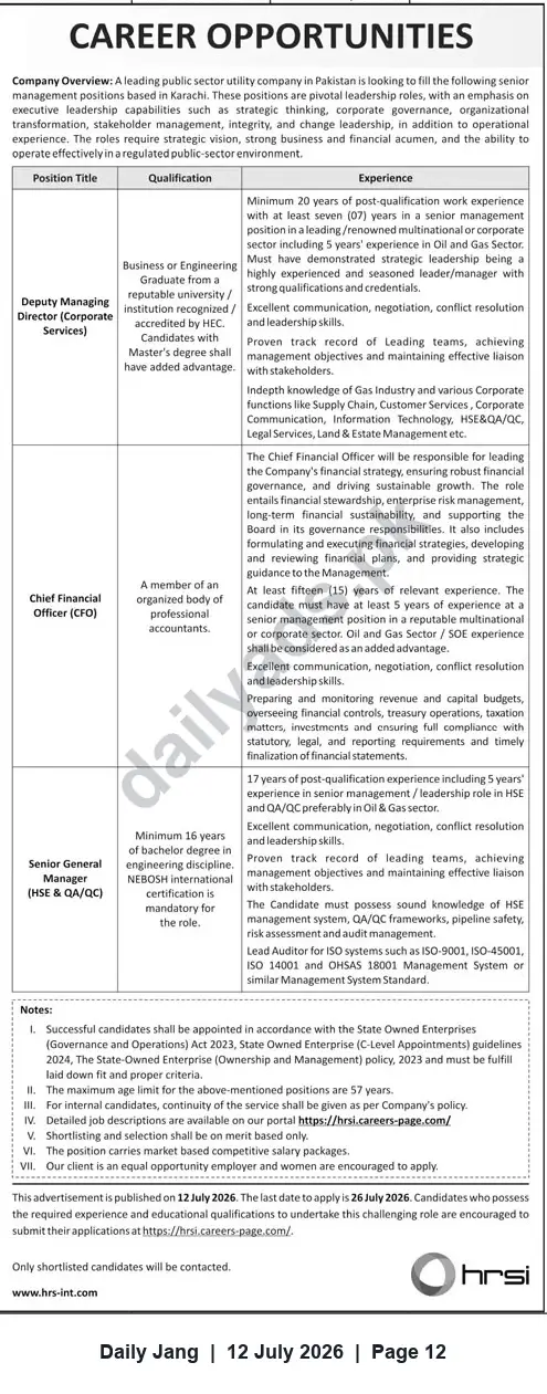 Newspaper clipping: Senior Management Careers (Deputy MD, CFO, Senior GM HSE & QA/QC) — Karachi — Apply by 26 July 2026, Jang, 12 Jul 2026