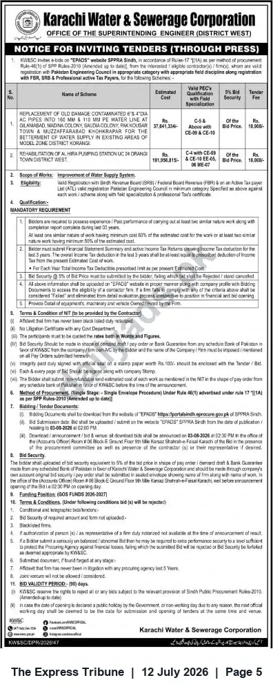 Newspaper clipping: KW&SC Invites Tenders for Pipe Replacement and Pumping Station Rehabilitation in Orangi Town, The Express Tribune, 12 Jul 2026
