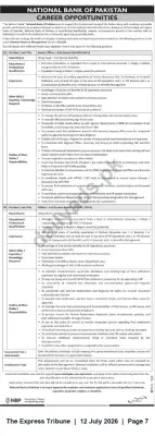 Newspaper clipping: National Bank of Pakistan — Careers: Senior Officer & Officer (End Service Benefits), The Express Tribune, 12 Jul 2026
