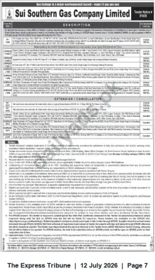 Newspaper clipping: Sui Southern Gas Company Limited — Tender Notice for Multiple Works and Services, The Express Tribune, 12 Jul 2026