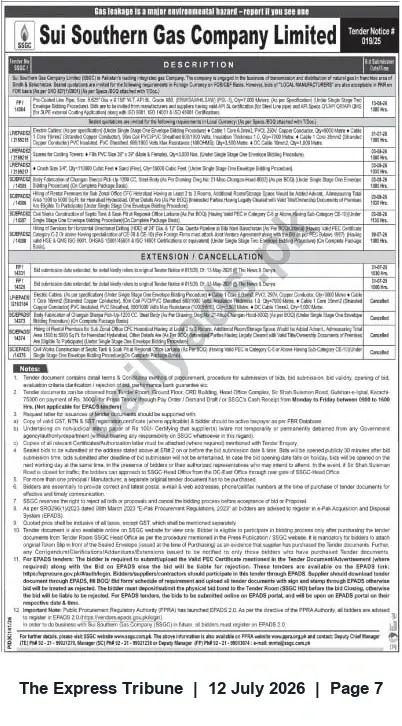 Newspaper clipping: Sui Southern Gas Company Limited — Tender Notice for Multiple Works and Services, The Express Tribune, 12 Jul 2026