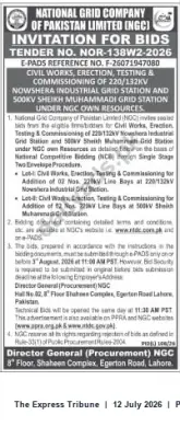 Newspaper clipping: NGC Invitation for Bids: Civil Works, Erection, Testing & Commissioning of Grid Stations (Tender NOR-138W2-2026), The Express Tribune, 12 Jul 2026
