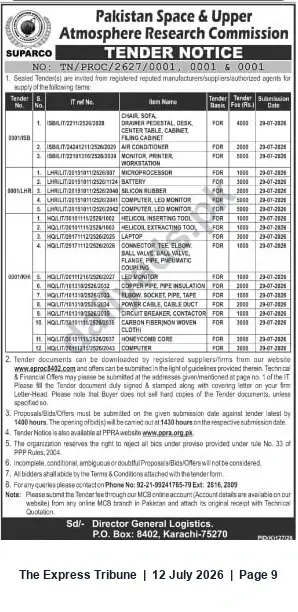 Newspaper clipping: SUPARCO Tender Notice for Office, IT and Workshop Supplies, The Express Tribune, 12 Jul 2026