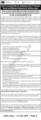 Newspaper clipping: Call for Concept Notes — Challenge Fund for Textile SMEs (GIZ/EU) – Grants for Punjab & Sindh, Jang, 12 Jul 2026