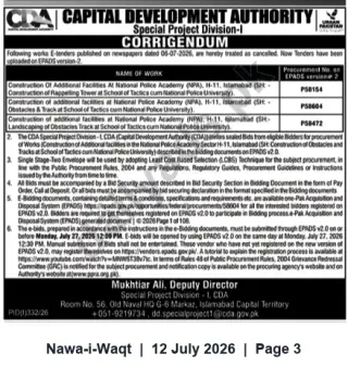 Newspaper clipping: CDA Special Project Division-I Corrigendum — Previously Published E-Tenders Cancelled; New Tenders Uploaded on E-PAIDS, Nawa-i-Waqt, 12 Jul 2026