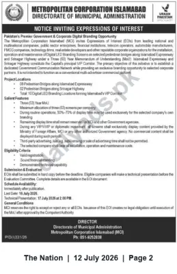 Newspaper clipping: EOI: Corporate Digital Branding on Pedestrian Bridges — Metropolitan Corporation Islamabad, The Nation, 12 Jul 2026