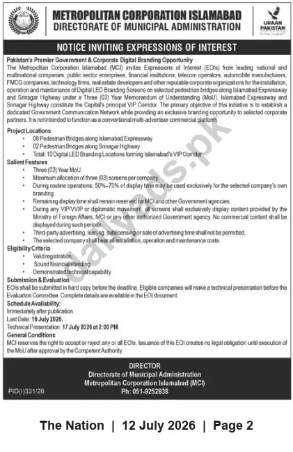 Newspaper clipping: EOI: Corporate Digital Branding on Pedestrian Bridges — Metropolitan Corporation Islamabad, The Nation, 12 Jul 2026