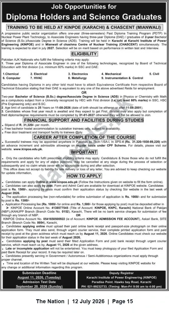 Newspaper clipping: One-Year PDTP Training to Associate Engineer — KINPOE & CHASCENT (Diploma/BSc Holders), The Nation, 12 Jul 2026