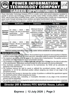 Newspaper clipping: PITC Careers: Assistant Manager (Taxation & Accounts) — WAPDA House, Lahore, Express, 12 Jul 2026