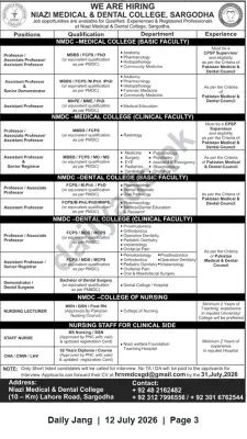 Newspaper clipping: Hiring: Medical & Dental Faculty, Nursing Faculty and Clinical Staff — Niazi Medical & Dental College, Sargodha, Jang, 12 Jul 2026