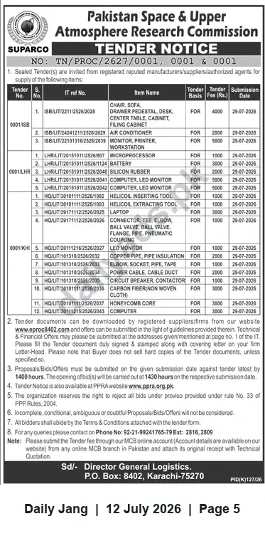 Newspaper clipping: SUPARCO Tender Notice for Office Furniture, IT & Electrical Items — Closing 2026-07-29, Jang, 12 Jul 2026