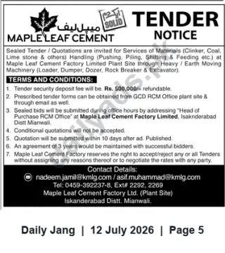 Newspaper clipping: Tender: Supply of Clinker, Coal & Limestone and Heavy-Machinery Handling — Maple Leaf Cement (Iskanderabad Plant), Jang, 12 Jul 2026
