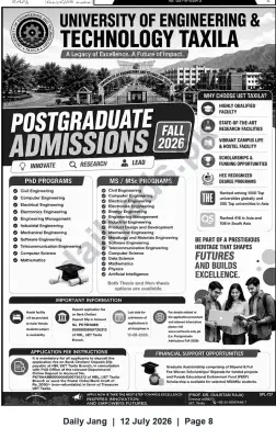 Newspaper clipping: UET Taxila — Postgraduate Admissions (Fall 2026) for MS & PhD, Jang, 12 Jul 2026