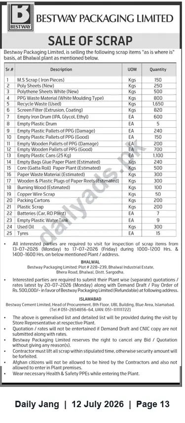 Newspaper clipping: Bestway Packaging Limited — Sale of Scrap (Sealed Quotations), Jang, 12 Jul 2026