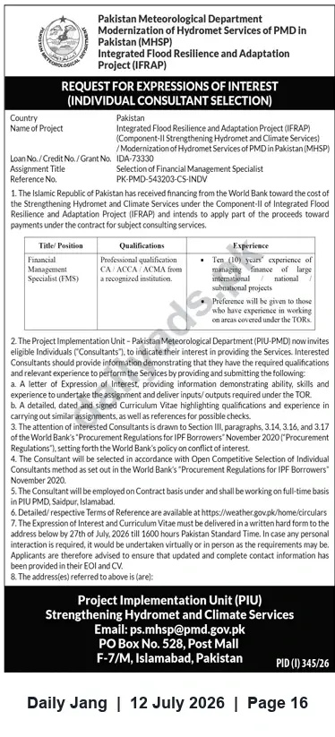 Newspaper clipping: PMD | Expression of Interest for Financial Management Specialist (IFRAP), Jang, 12 Jul 2026