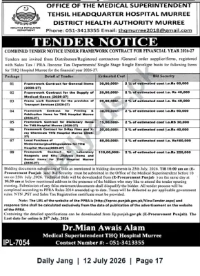 Newspaper clipping: THQ Hospital Murree — Framework Tender Notice for FY 2026-27 (E-Procurement Punjab), Jang, 12 Jul 2026