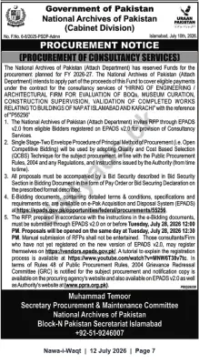 Newspaper clipping: National Archives Pakistan RFP for Engineering & Architectural Consultancy for Islamabad and Karachi Buildings, Nawa-i-Waqt, 12 Jul 2026