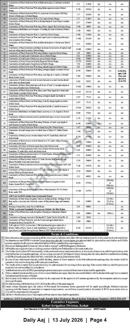 Newspaper clipping: Tender Notice: Multiple Flood Protection and Storage Works — Kohat Irrigation Division, Daily Aaj, 13 Jul 2026