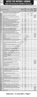 Newspaper clipping: Kohat Irrigation Division Invites E-Bids for 65 Flood Protection & Irrigation Works (E-PAD System), Daily Aaj, 13 Jul 2026