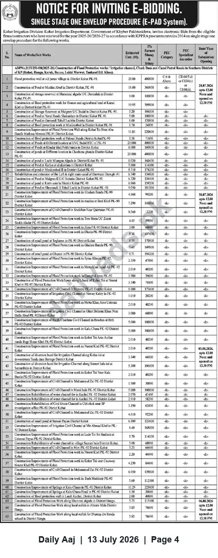 Newspaper clipping: Kohat Irrigation Division Invites E-Bids for 65 Flood Protection & Irrigation Works (E-PAD System), Daily Aaj, 13 Jul 2026