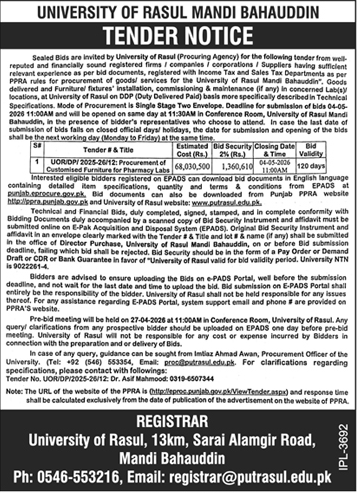 University of Rasul Tender for Pharmacy Labs Furniture – Tenders ad in Mandi Bahauddin from Daily Dunya, published 16 Apr 2026