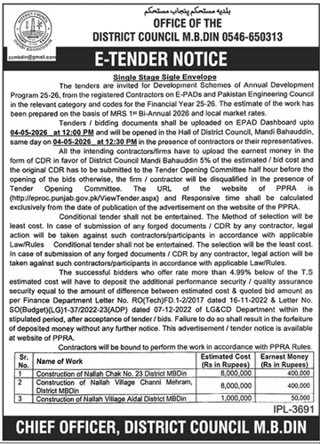 District Council M.B.Din E-Tender Notice for Development Schemes – Tenders ad in Mandi Bahauddin from Daily Dunya, published 16 Apr 2026