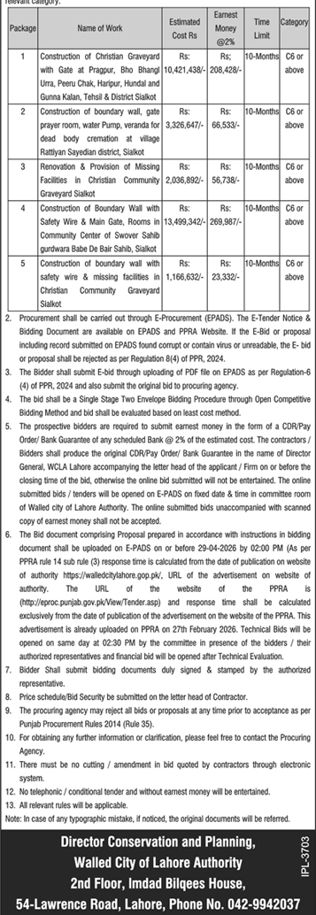 WCLA Construction & Renovation Tenders in Sialkot – Tenders ad in Lahore from Daily Dunya, published 16 Apr 2026